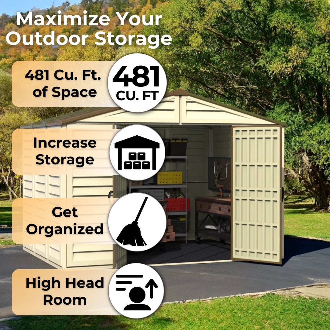 Duramax Woodbridge Plus Shed 10.5ft x 8ft Ivory & Dark Brown