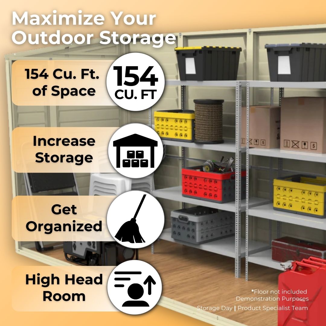 Duramax Building Products SideMate Shed Cubic Feet of Space, Storage Capcity, Shed organization, head room, floor not included, shed internal, shed inside, home storage capacity, vinyl shed, plastic shed, metal frame, 4x8 shed